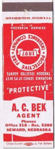 Matchbook Cover A C Bek Insurance Agent Seward Nebraska Protective Fire