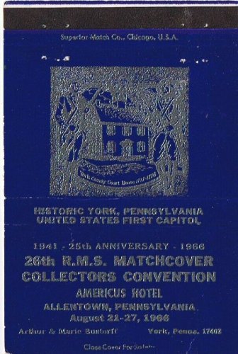 Matchbook Cover RMS Americus Hotel Allentown PA Blue Historic York 1966