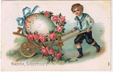Kitchener Ontario Postcard Easter Egg Boy Cart Roses Whitney Made 1920