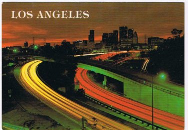 California Postcard Los Angeles Skyline Night Freeways & Downtown