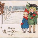 Greeting Postcard Happy New Year Children Roses Angel Clock