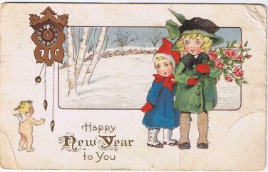 Greeting Postcard Happy New Year Children Roses Angel Clock