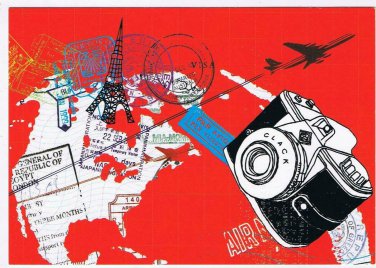 Vacation Postcard Camera Eiffel Tower Egypt Stamp Airplane Australia Postmark