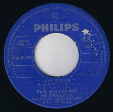 Paul Mauriat Love Is Blue 45 rpm Alone In The World Canadian Pressing