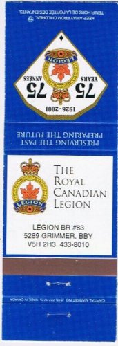Matchbook Cover BBY Burnaby BC Royal Canadian Legion Branch 83