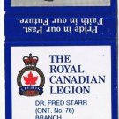 Matchbook Cover Sudbury Royal Canadian Legion Branch 76 Fred Starr Group Social
