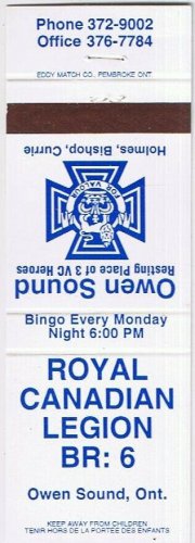 Matchbook Cover Owen Sound Royal Canadian Legion Branch 6