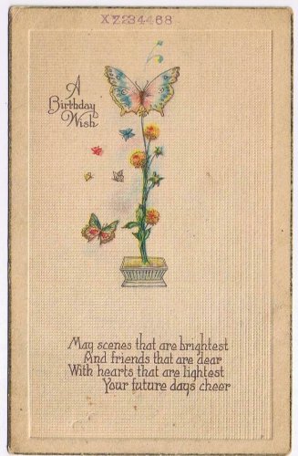 Greeting Postcard Birthday Wish Butterfly Potted Plant 1926