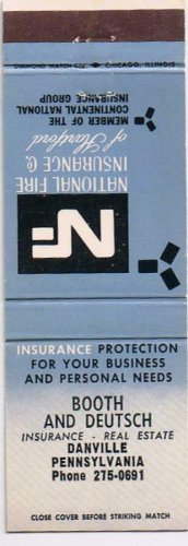 Matchbook Cover Booth & Deutsch Danville PA National Fire Insurance Of Hartford