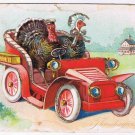 Holiday Postcard Embossed Thanksgiving Turkey In Car Glitter Trim