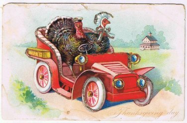 Holiday Postcard Embossed Thanksgiving Turkey In Car Glitter Trim