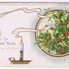 Holiday Postcard Embossed Happy New Year Candle Pine Cones Mistletoe