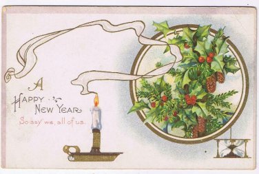 Holiday Postcard Embossed Happy New Year Candle Pine Cones Mistletoe