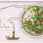 Holiday Postcard Embossed Happy New Year Candle Pine Cones Mistletoe