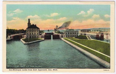 Postcard Soo Michigan Locks From East Approach Soo Michigan