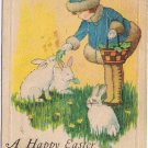 Holiday Postcard Easter Happy Girls With Basket Feeding Rabbits Bunnies
