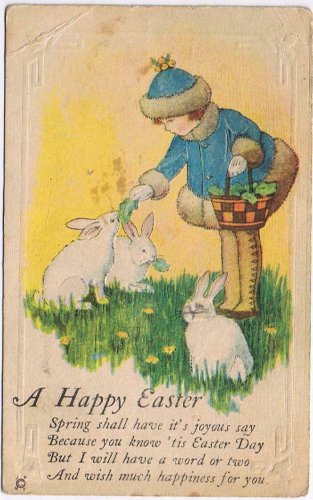 Holiday Postcard Easter Happy Girls With Basket Feeding Rabbits Bunnies