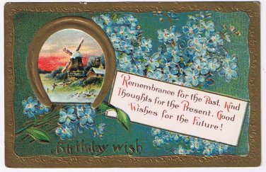 Greeting Postcard Embossed Birthday Forget Me Nots Windmill Scene