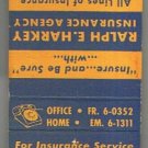 Matchbook Cover Ralph E Harkey Insurance Agency Charlotte North Carolina
