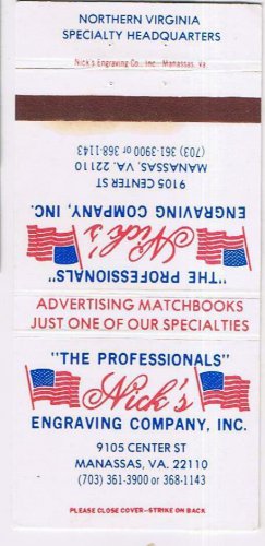 Matchbook Cover Nick's Engraving Company Manassas Virginia