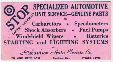 Hamilton Ontario Advertising Card Ink Blotter Richardson Auto Electric Co