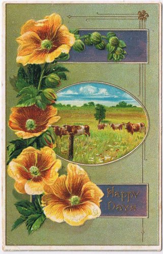 Easter Postcard Happy Days Flowers Cattle In Field