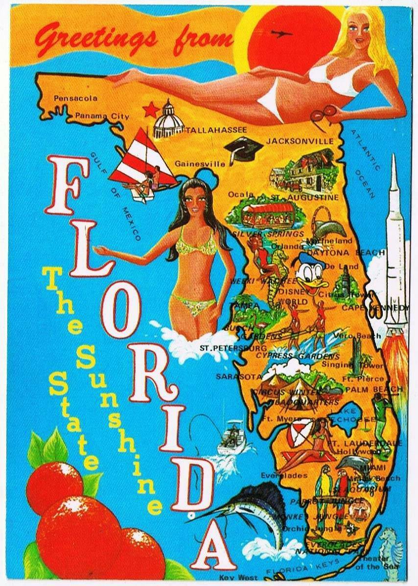 Florida Postcard State Pictoral Map Sunshine State Bathing Beauties