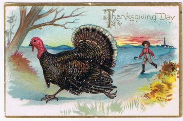 Holiday Postcard Embossed Thanksgiving Chasing Turkey With Axe Tuck 123