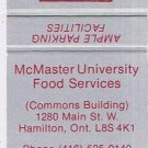 Matchbook Cover McMaster University Food Services Hamilton Ontario