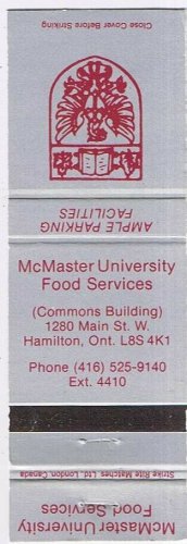 Matchbook Cover McMaster University Food Services Hamilton Ontario