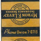 New York Matchbook Cover Union City Myron Levey Insurance Service Diamond Match