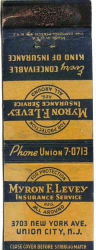 New York Matchbook Cover Union City Myron Levey Insurance Service Diamond Match