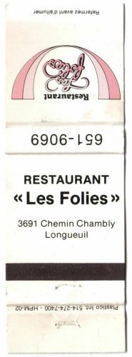Quebec Matchbook Cover Longueuil Restaurant Les Folies