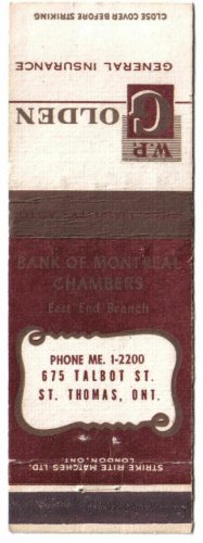 Ontario Matchbook Cover St Thomas WP Golden Insurance Bank of Montreal Chambers