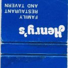 Matchbook Cover Henry's Family Restaurant Tavern Kitchener Stratford Owen Sound