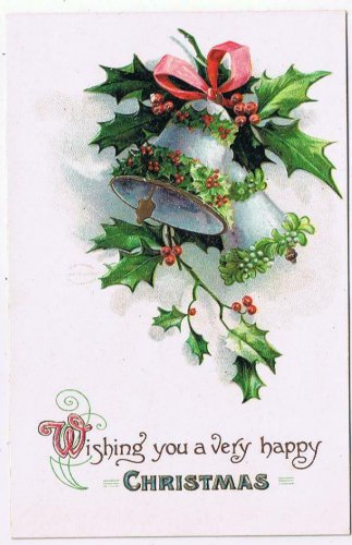 Holiday Postcard Embossed Merry Christmas Bells Mistletoe