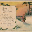 Postcard Merry Christmas Robin Wreath Children Pulling Tree