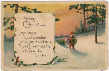Postcard Merry Christmas Robin Wreath Children Pulling Tree