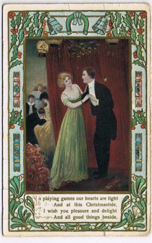 Holiday Postcard Embossed Christmas Bells Horseshoes Couple Dancing