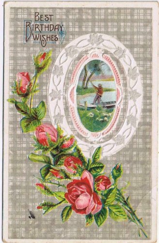 Greeting Postcard Embossed Best Birthday Wishes Roses Boat