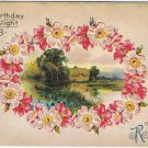 Postcard Embossed Birthday Sunlight House By Lake Wreath Of Wild Roses