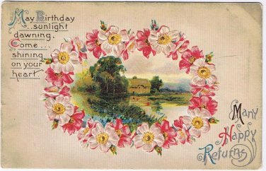 Postcard Embossed Birthday Sunlight House By Lake Wreath Of Wild Roses