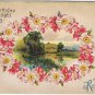 Postcard Embossed Birthday Sunlight House By Lake Wreath Of Wild Roses