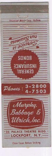Matchbook Cover Murphy Babbage & Ulrich Insurance Lockport New York
