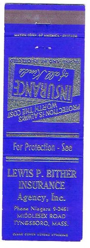 Matchbook Cover Lewis P Bither Insurance Agency Tyngsboro Massachusetts