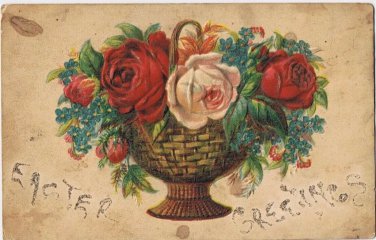 Postcard Embossed Easter Greetings Basket Of Roses