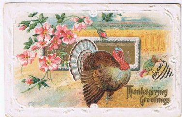 Holiday Postcard Embossed Thanksgiving Turkey Wild Roses
