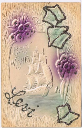 Postcard Embossed Best Wishes Ship Flowers Glitter