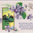 Holiday Postcard Embossed Happy New Year Violets Church Scene 1910