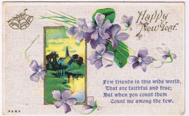 Holiday Postcard Embossed Happy New Year Violets Church Scene 1910